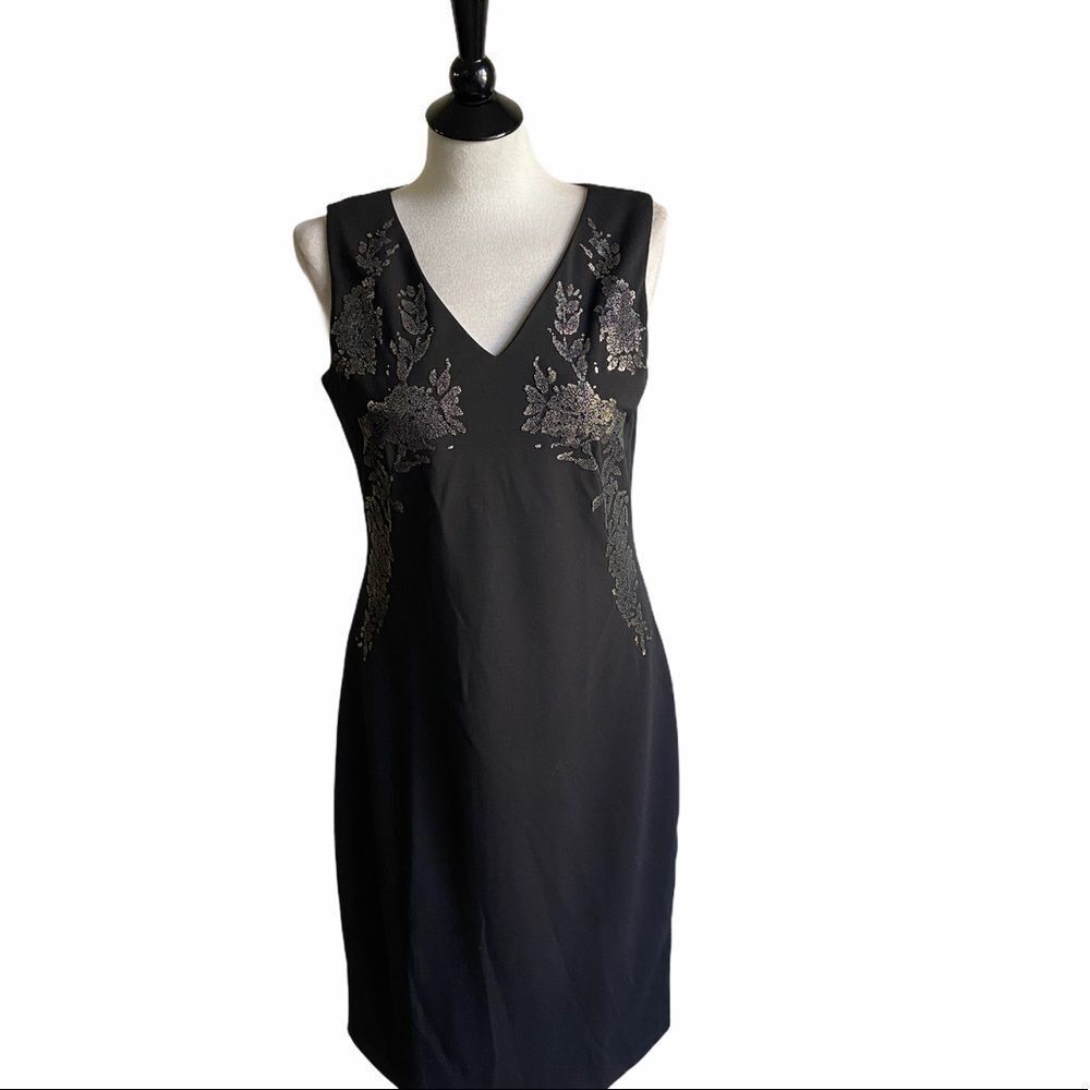 Calvin Klein Black Embroidered V Neck‎ Sheath Dress Size 10 - Picture 2 of 8
